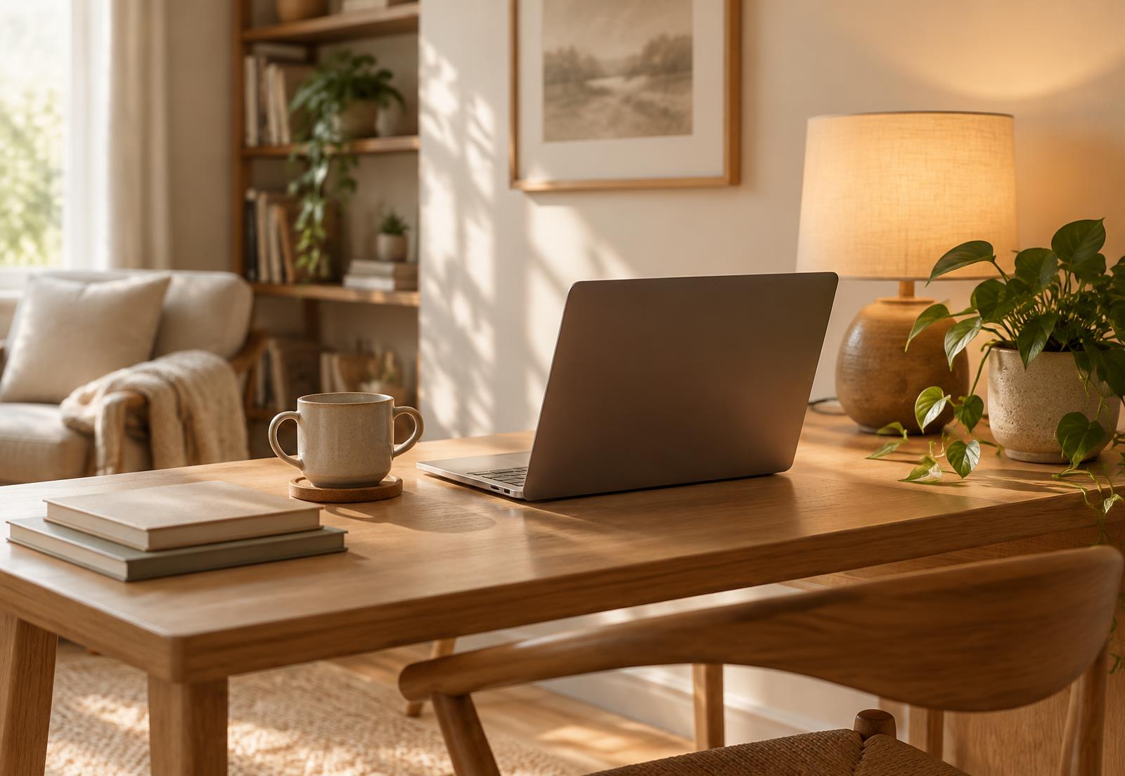A laptop on a warm wooden desk in a sunlit reading room