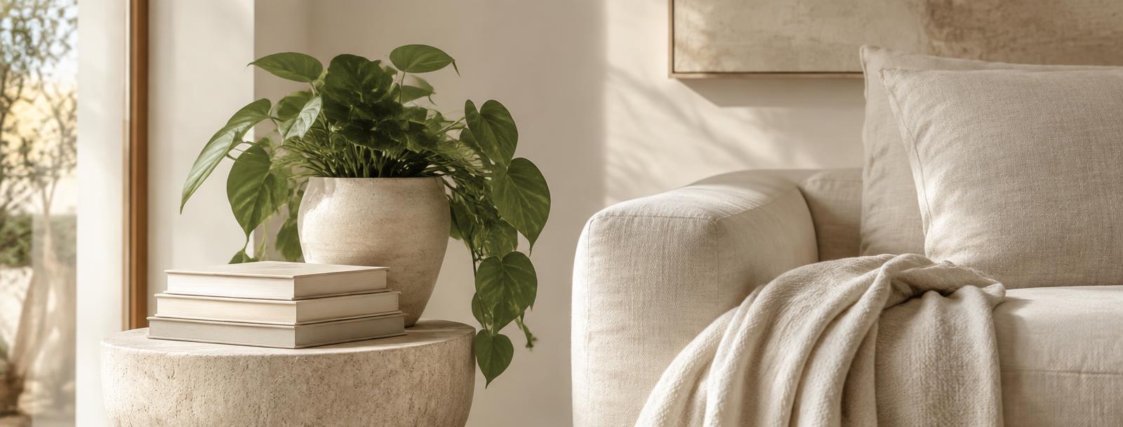 A cream reading corner with a stack of books and a plant