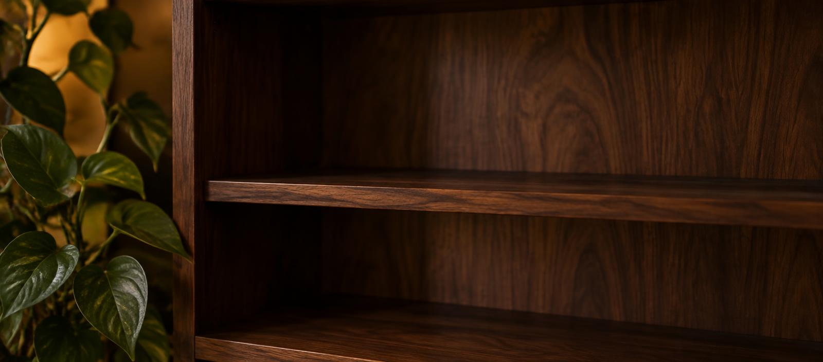 A dark wooden bookshelf